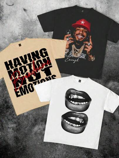 SHEIN Bolty Teen Boy 3pcs/Set Cool Swag, Funny Portrait & Lip Print Graphic Casual Crew Neck Short Sleeve T-Shirts, Cotton Blend, Suitable For Summer, School, Campus, College