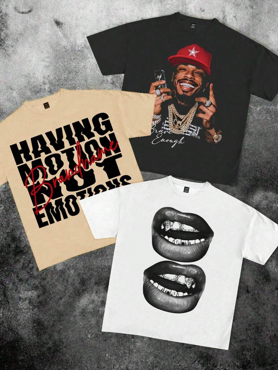 SHEIN 青少年男孩 3 件套酷炫服饰、趣味肖像和唇印图案休闲圆领短袖 T 恤，棉混纺，适合夏季 - 彩色 - 查看 1