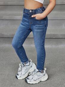 SHEIN 年轻女孩 Y2K 蓝色耐热水钻蝴蝶结牛仔布保暖内衬弹力牛仔裤，羊毛加厚棕色服装和弹力牛仔裤，增添温暖，女孩秋冬服装 - 藍色 - 查看 2