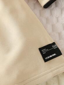 SHEIN 女童长袖拼布毛绒斜跨束腰连衣裙，休闲字母印花时尚小女孩连衣裙 - 卡其色 - 查看 6