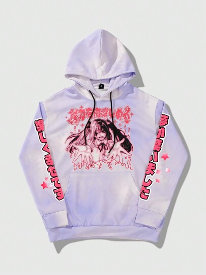 ROMWE Avant Men's Autumn Letter & Cartoon Character Print Long Sleeve Drawstring Hooded Sweatshirt