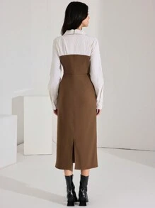 Heiryn Váy dài ngang eo thun kẻ sọc chắp vá thường ngày mùa thu dành cho nữ - Màu Khaki - Xem 4