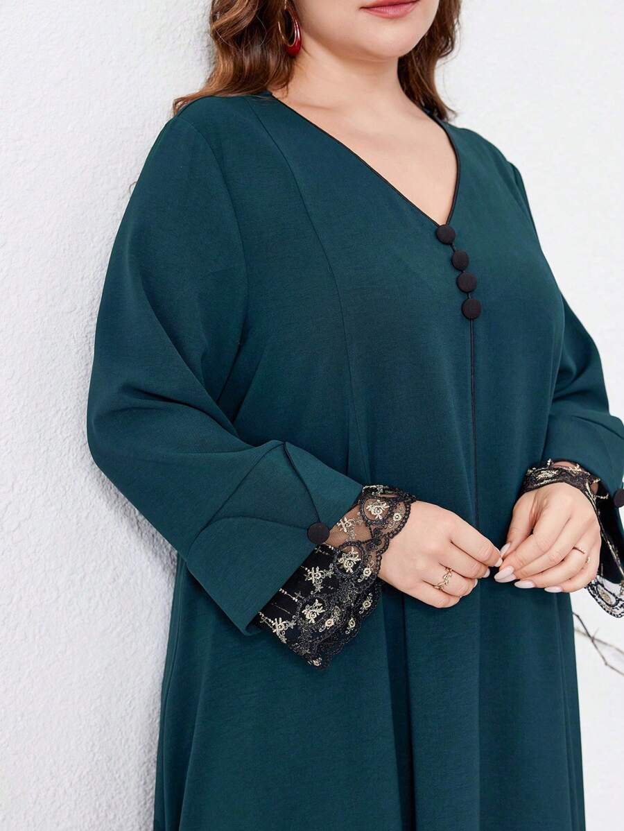 Al Najma Váy dài ren chắp vá thanh lịch cỡ lớn, mùa xuân và mùa thu, váy dài tay giản dị phong cách Ả Rập, dành cho tiệc tối/khách dự tiệc cưới/kỷ niệm/hàng ngày, Kaftan - màu xanh lá - Xem 1