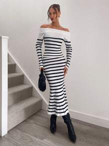 SHEIN Unity Stripe Off Shoulder Fitted Knit Long Sleeve Top & Bodycon Maxi Fish Tail Skirt, Sexy Women Dress Set - Black and White - View 4
