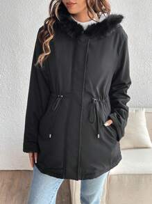 SHEIN Maternity Casual Solid Color Drawstring Waist Fleece Long Sleeve Hoodie Jacket, Hoodie Jacket, Autumn/Winter