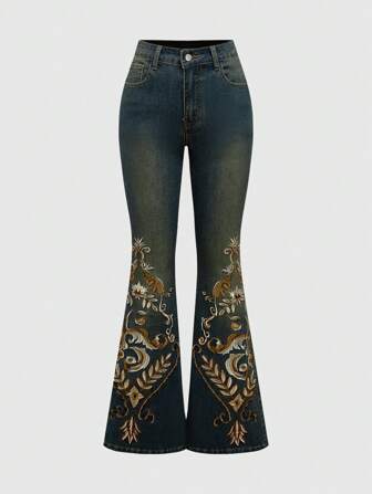 Hippie Atuendo para concierto de verano: Vaqueros ajustados de campana con bordado floral bohemio occidental retro hippie para mujer