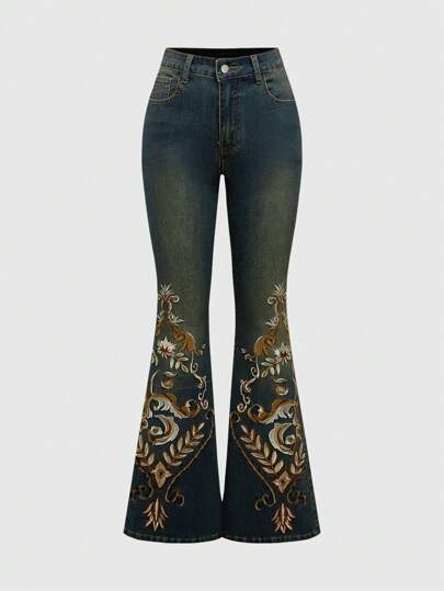 Jeans évasés taille basse pour femmes, style hippie rétro bohème occidental, avec fleurs brodées