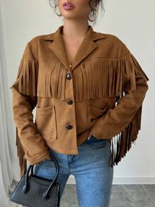 SHEIN Unity Casual Solid Color Fringe Decoration Dual Pocket Jacket For Autumn - Brown - View 4