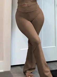 Plus Size Solid Color Minimalist Fold Waist Leggings, Casual Everyday Wear - Mocha Brown - View 5