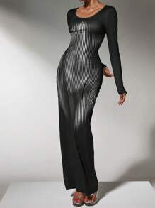 SHEIN SXY Wide Crew Neck Long Sleeve Form Fitting Holiday Glossy Banquet Dinner Elegant Gorgeous Women Long Dress