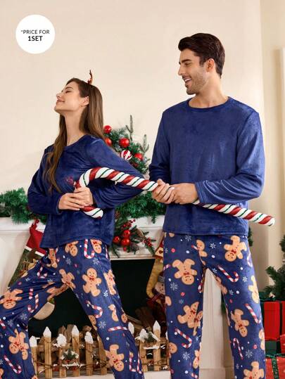 2 piezas Conjunto de ropa informal con estampado de Papá Noel, hombre de jengibre y muñeco de nieve de peluche para hombres, ropa de otoño/invierno