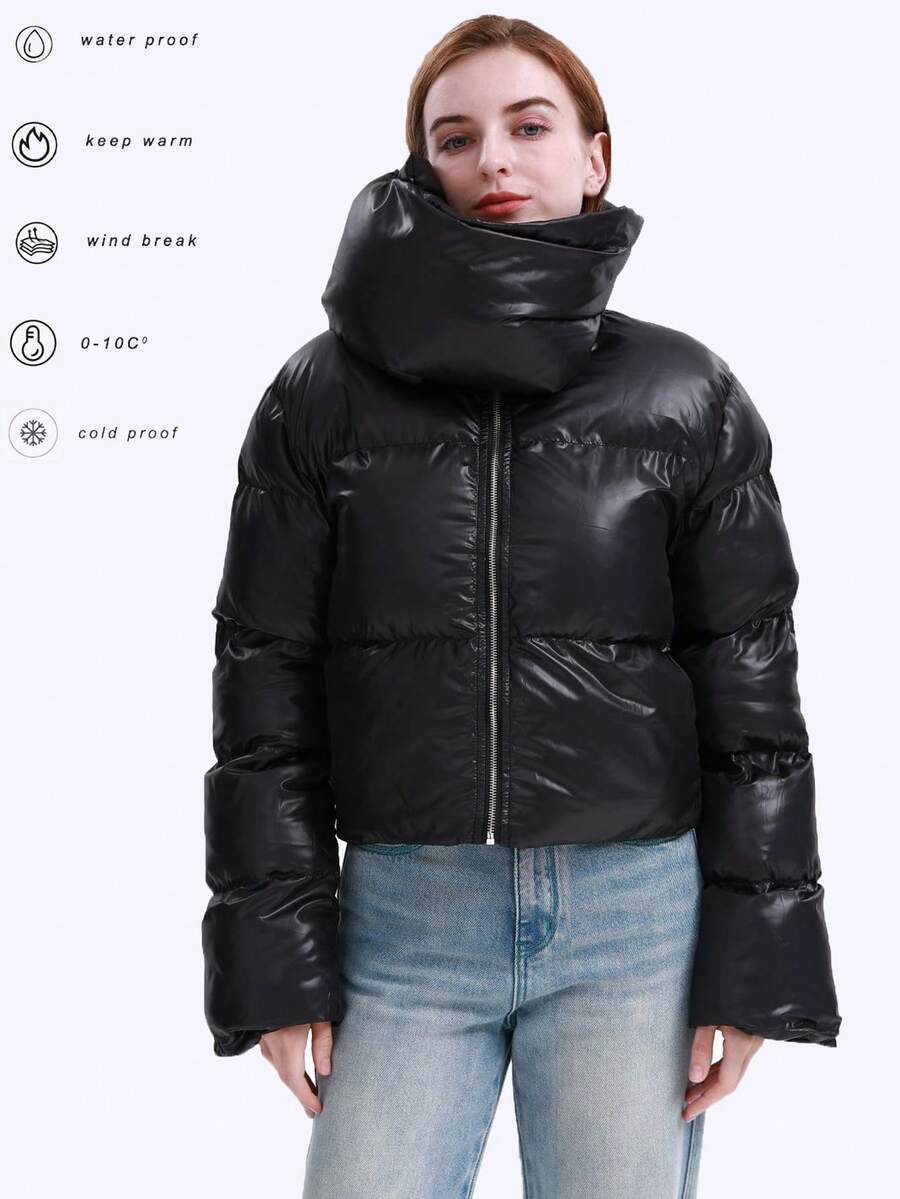 女士冬季纽扣裹身大衣，配有可拆卸围巾，冬季保暖加厚大衣 - 黑色 - 查看 1