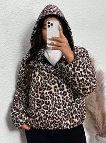 SHEIN Frenchy Plus Size Dam Vinter Casual Leopard Print Zip-Up Hooded Jacket - Multifärgad - Visa 6