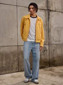 Forever 21 男士休闲简约风格黄色短款翻领夹克，适合秋冬季穿着 - 黃色 - 查看 5
