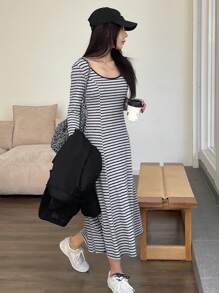 DAZY Deep-V Neck Striped Fitted Mid-Length Dress For Women,Fall Clothes Long Sleeve Dress Maxi Dress - Black - View 7