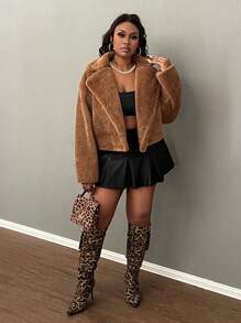 Slaydiva Plus Size Elegant, Casual, Party & Dating Versatile Solid Brown With Pockets Fluffy Women Plus Size Short Jacket, Warm For Autumn/Winter - Brown - View 4
