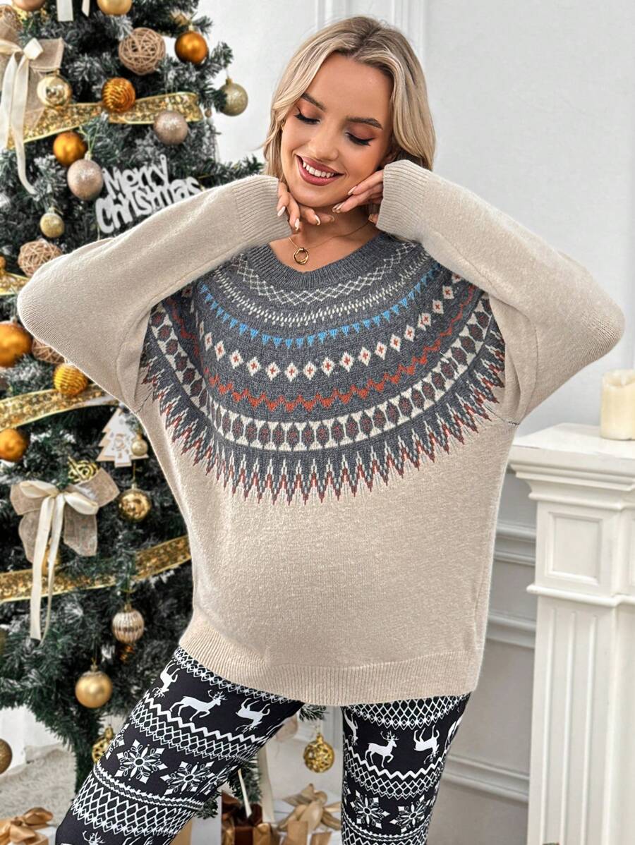 SHEIN Maternity Geometric Pattern Raglan Sleeve Knit Sweater, Winter Knitwear - Multicolor - View 1