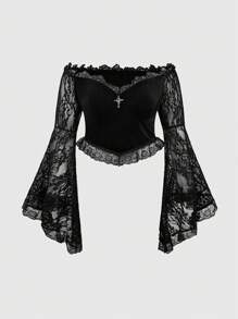 ROMWE Plus Size Women Dark Gothic Lace Off Shoulder Bell Sleeve Fitted Blouse - Black - View 1