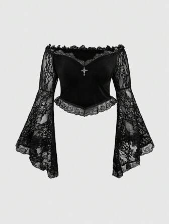 Goth Plus Size Women Dark Gothic Lace Off Shoulder Bell Sleeve Fitted Blouse