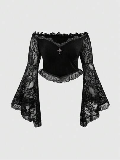 Plus Size Women Dark Gothic Lace Off Shoulder Bell Sleeve Fitted Blouse