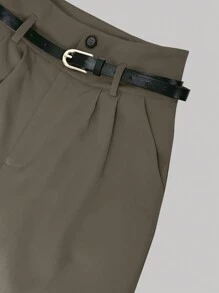 SHEIN Clasi Quần cạp cao đơn giản, giản dị, cài nút phía trước cho nữ kèm thắt lưng - xanh quân đội - Xem 3