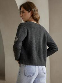 Anewsta 时尚秋季重磅手工刺绣钻石装饰开衫 - 黑色 - 查看 2