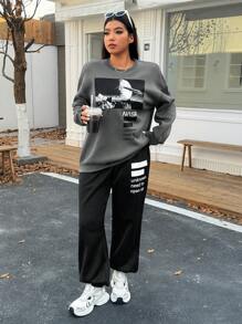 SHEIN EZwear 2 件套大码字母与图案印花圆领长袖上衣和裤子休闲装 - 黑色 - 查看 3