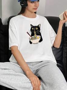 INAWLY 拉面猫印花短袖 T 恤，送给猫迷的可爱礼物 - 白色 - 查看 4