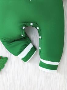 2pcs/Set Baby Girl Christmas Holiday Long Sleeve Christmas Tree & Letter Print Striped Patchwork Hat Jumpsuit - Green - View 4