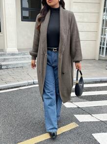 SHEIN Frenchy Suéter largo de otoño de talla grande, suéteres cálidos, ropa para salir, ropa para el aeropuerto, ropa para mujer con solapa grande, cárdigan de botones con mangas largas, informal para uso diario