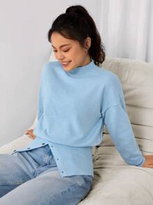 Teen Girl Solid Color Stand Collar Slit Casual Long Sleeve Pullover Sweater, Suitable For Gatherings In Autumn/Winter - Baby Blue - View 6