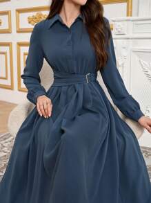 Modelyn Simple Button Front Belted Collar Long Sleeve Modest Dress Long Evening Dresses Fall Cloth For Women - Blue - View 2