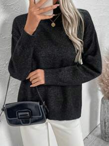 Calvaya Plus Size Solid Color Turtleneck Casual Long Sleeve Pullover Sweater, For Winter Knit Pullover Fall - Black and White - View 3