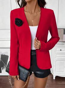 SHEIN LUNE Nuevo abrigo tipo blazer con bolsillos y flor 3D extraíble en color negro para mujeres, temporada otoño/invierno 2024