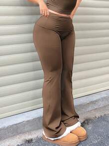 Plus Size Solid Color Minimalist Fold Waist Leggings, Casual Everyday Wear - Mocha Brown - View 3