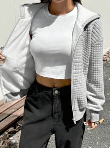 SHEIN EZwear Grey Plus Size Hooded Long Sleeve Sweatshirt Jacket - Grey - View 4