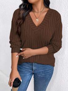 SHEIN LUNE Plus Size Women's Solid Color V-Neck Drop Shoulder Long Sleeve Ribbed Casual Hoodie, Autumn Pullover Fall Outfit - Coffee Brown - View 3