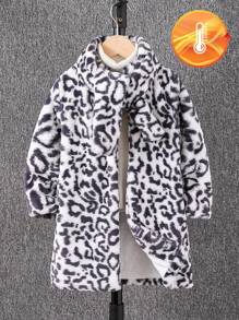 SHEIN 1pc Set Young Boy Casual Warm Fuzzy Thick Long Sleeve Hoodie Jacket & Matching Scarf, Leopard Print Mid-Length Outerwear For Toddlers, Winter & Holiday