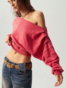 Bohemela 休闲纯色针织不对称领口长袖宽松常规女士运动衫度假 - 紅色 - 查看 1