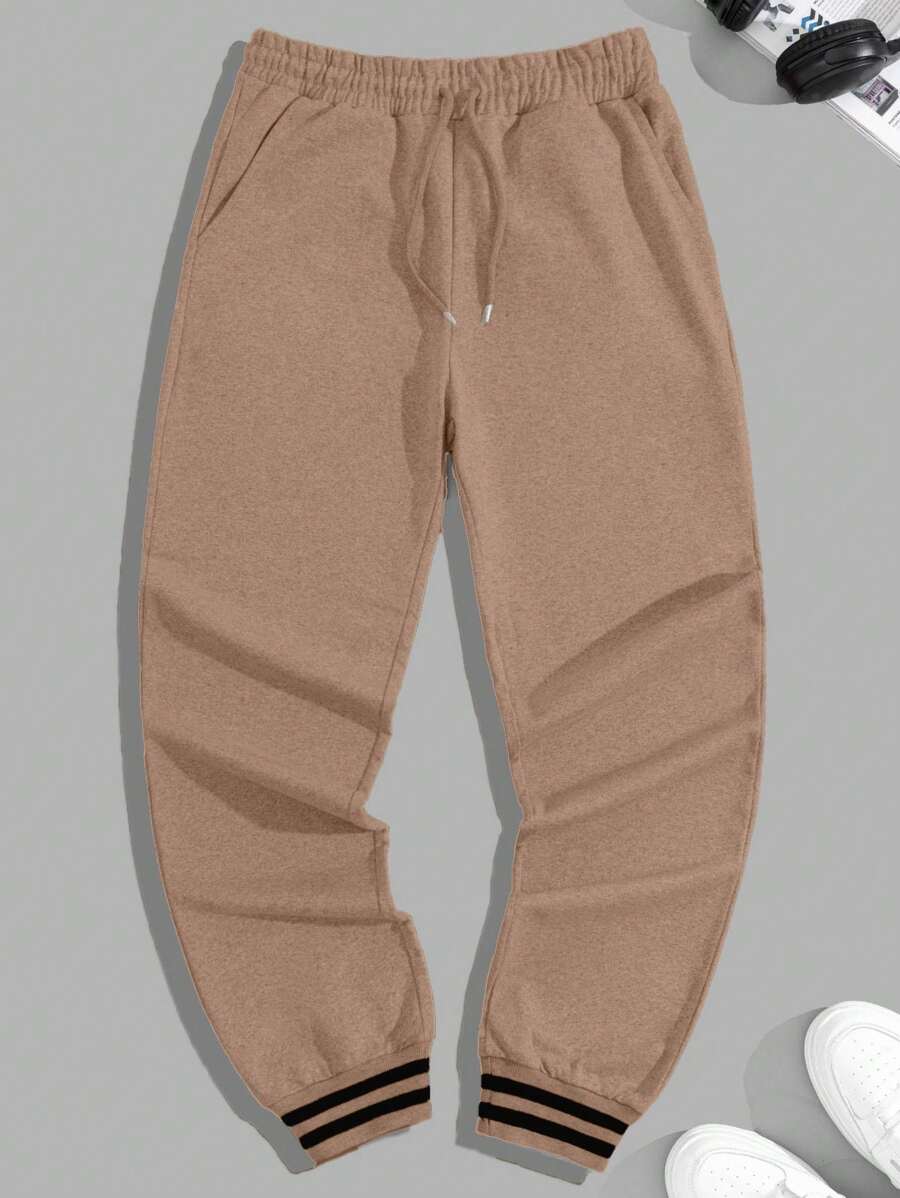 RueChic Men's Striped Drawstring Waist Pocket Loose Casual Sweatpants - Camel - View 1
