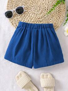 SHEIN Quần short thường ngày xếp ly màu trơn cho bé gái - Màu xanh lam - Xem 2