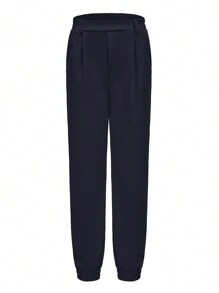 Women's Casual Solid Color Drawstring Ankle Length Pants - Navy Blue - View 2
