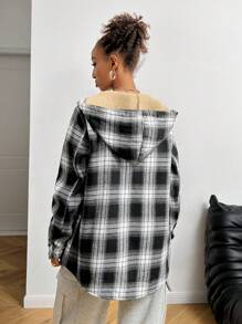 SHEIN EZwear Chaqueta regular de manga larga con capucha, forro térmico y botones frontales con estampado de cuadros vintage para mujer en otoño e invierno