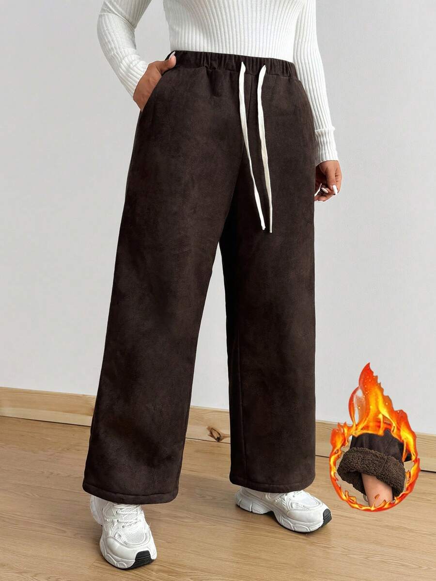 Calvaya 加大码纯色口袋抽绳超厚羊羔绒裤，带有设计细节，时尚简约高端仿麂皮绒宽腿运动裤 - 咖啡棕 - 查看 1