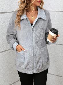 SHEIN Maternity Jacket Patchwork Fluffy Pilot Zipper Jacket, Autumn/Winter - Grey - View 4