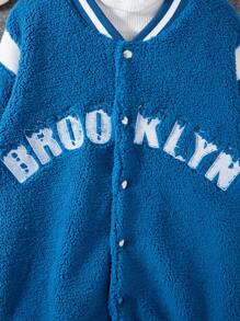 SHEIN 男童刺绣加厚抓绒外套，休闲棒球夹克，飞行员夹克 - 藍色 - 查看 6