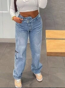 Cross-Border Hot Selling American Casual All-Match Versatile Distressed Crisscross Waistband Pockets Button Women Denim Jeans - Light Wash - View 2