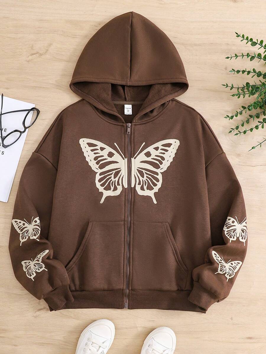 Teen Girl Butterfly Print Front Open Sweatshirt With Thermal Lined, Casual Long Sleeve In Fall/Winter - Brown - View 1