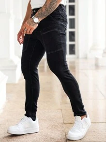 Manfinity Homme 男式休闲撞色针脚贴袋紧身牛仔裤 - 黑色 - 查看 7