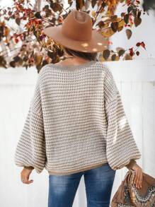 SHEIN VCAY 女款拼色 V 领喇叭袖宽松套头衫 - 卡其色 - 查看 2